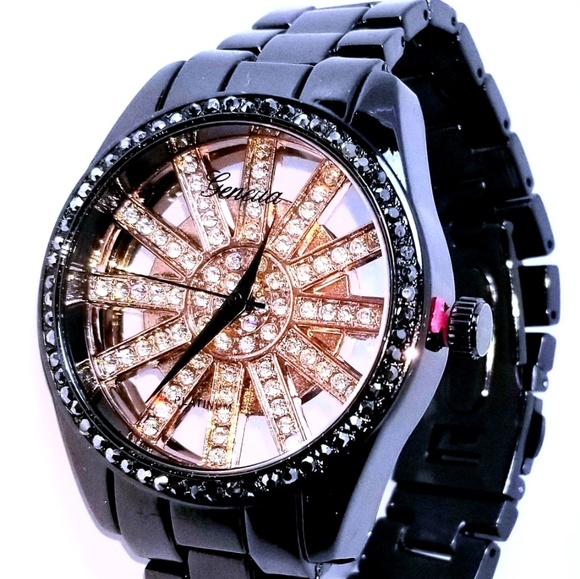 Black and Rose Gold ladies Iced out watch by Geneva Platinum Silver watch - Picture 2 of 5